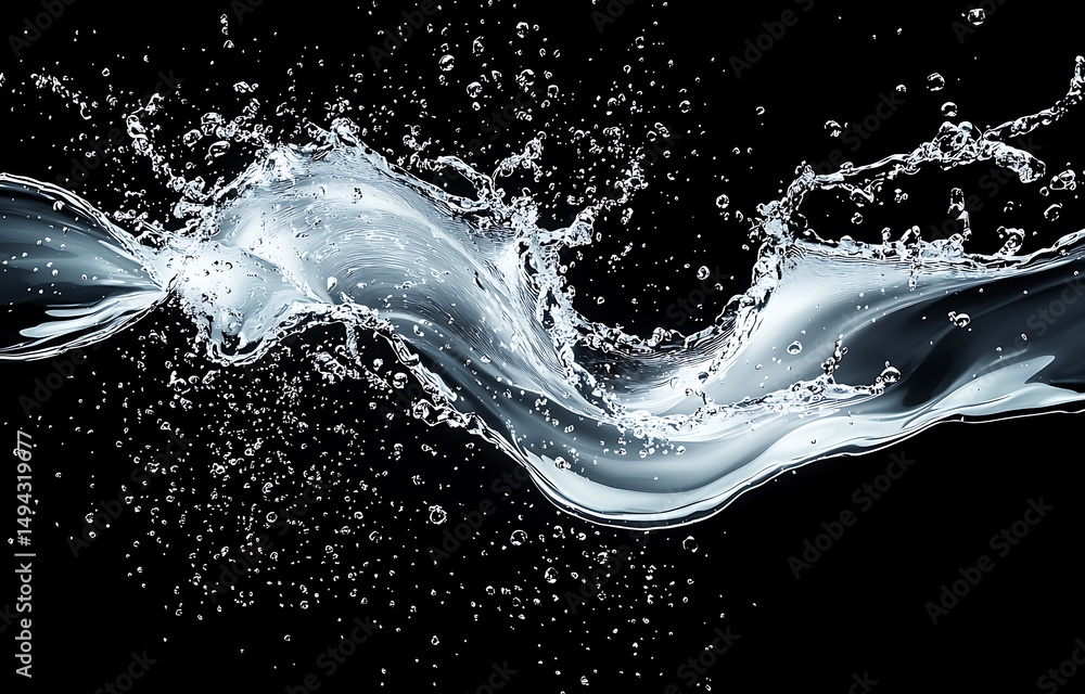 Poster dynamic splash of water creating waves with air bubbles against a dark background for creative and a