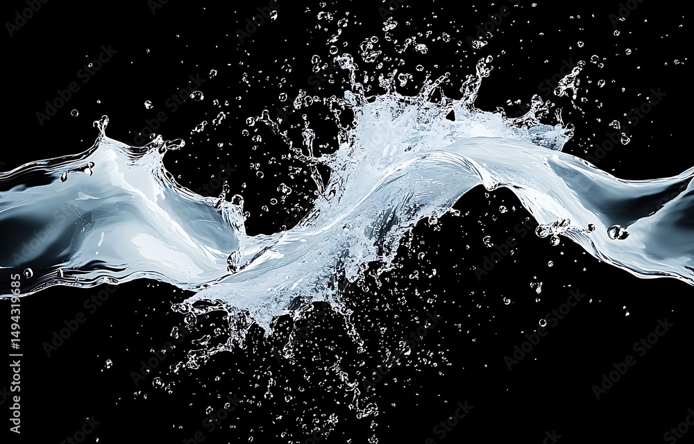 Poster dynamic splash of water with bubbles against a dark background, capturing the fluidity and movement 