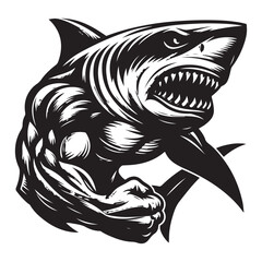 Aggressive Muscular Shark Mascot Illustration – Black and White Vector Art for Sports or Branding