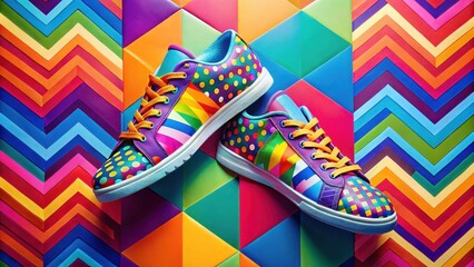 Trendy sneakers on a vibrant multicolored background with bold geometric patterns and shapes, colorful background, trendy shoes