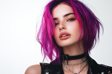 The glamorous purple-haired model with long black hair and red lips exudes sensual beauty in a stylish dress, showing off her flawless makeup and captivating eyes.