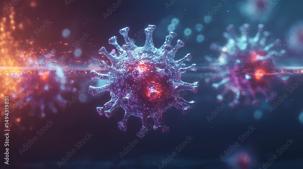 Poster colorful microscopic representation of a virus showcasing intricate details and glowing elements in 