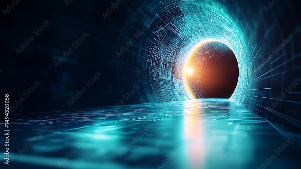 Poster glowing tunnel with light effects and digital patterns in a dark background creating a mysterious at