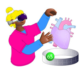 Doctor in VR headset working with a hologram of an anatomical heart