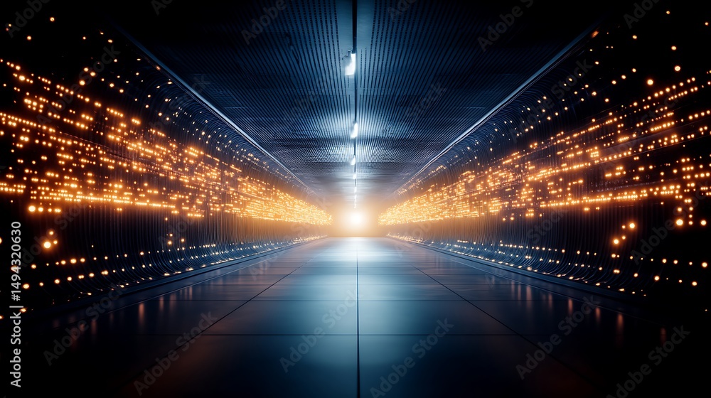 Poster futuristic corridor with bright light and abstract particles creating a dynamic sense of movement in