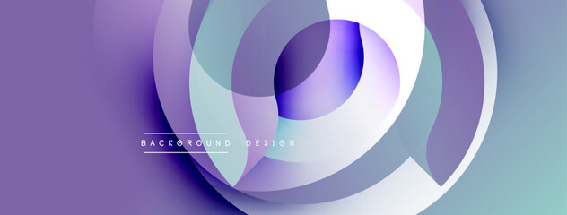 Abstract circles overlap, creating vibrant purple, blue hues. Modern design suggests fluidity, movement, depth. Background features text elements.