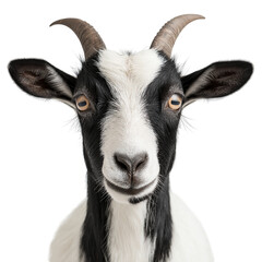 Fototapeta premium Front View of Black-and-White Nubian Goat on Solid White Background, High-Quality Animal Portrait, Perfect for Farming, Agriculture, Wildlife, and Educational Materials