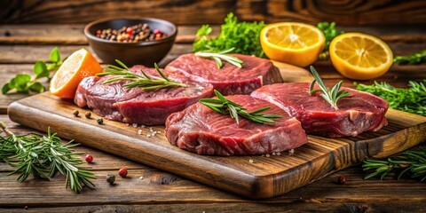 Raw Ostrich Steaks Wooden Cutting