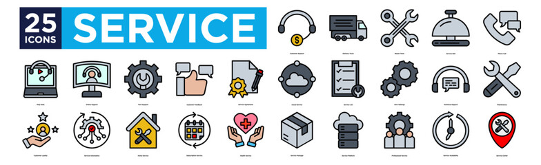 service icon collection set. Containing design Customer Support, Delivery Truck, Repair Tools, Service Bell, Phone Call,