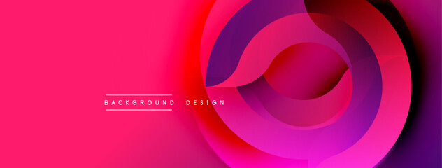 Vibrant pink background features layered circular shapes. Gradient colors create modern abstract design. Minimalist aesthetic, dynamic composition.