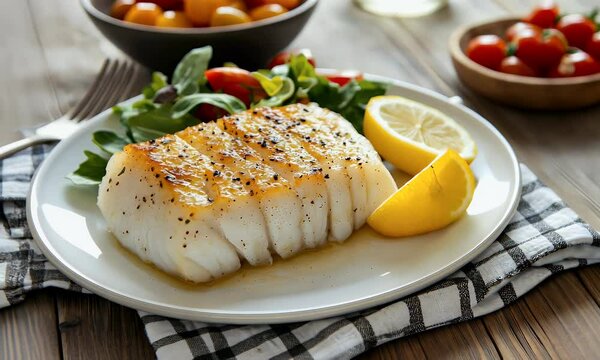 Pan-seared cod with salad and lemon