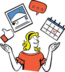 A flat style woman surrounded by icons of social media posts, like buttons, comments, and a calendar for scheduling strategy.