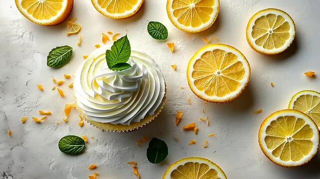 Delicious cupcake with white frosting, lemon slices, zest, and mint leaves on a textured background