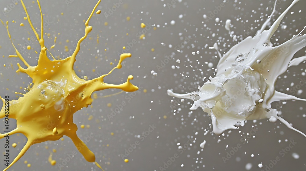 Poster exploding paint splashes of yellow and white against a muted backdrop.