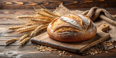 Classic Sourdough Artisan Bread on Wooden Board with Wheat and Rye Spikelets, rye, bread,  rye