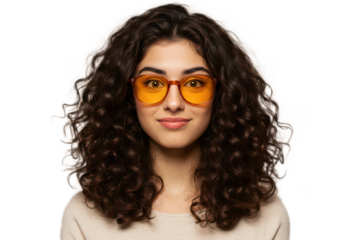 Young woman with curly hair and orange glasses isolated on transparent background