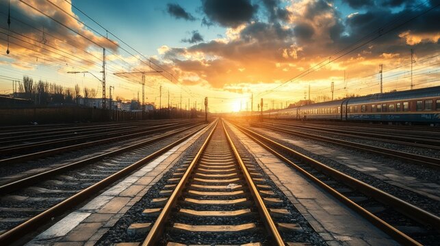 Train tracks vanishing into the horizon at sunset.