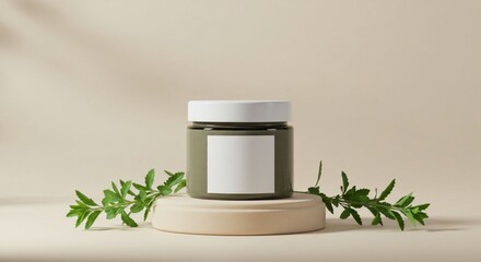 Product mockup of mugwort clay mask jar with blank label on beige podium, surrounded by green leaves. Minimal and natural skincare branding scene.