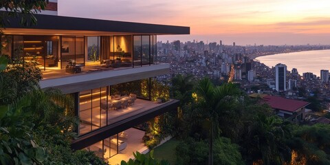 Obraz premium Luxury Hilltop Residence Overlooking Panoramic Cityscape at Sunset