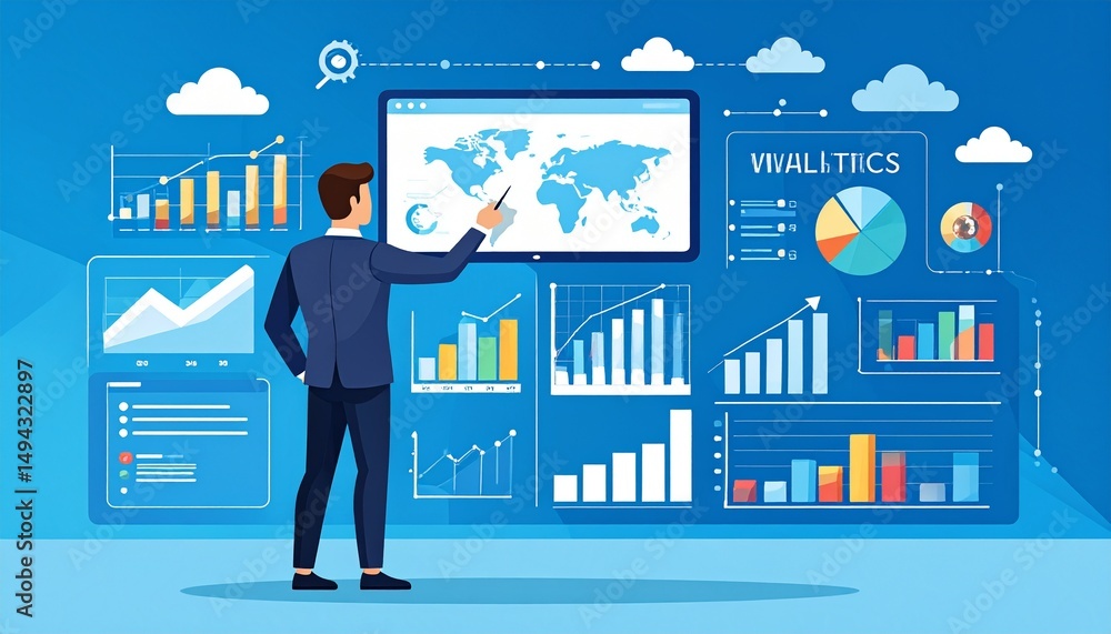Poster businessman analyzing global data on interactive display