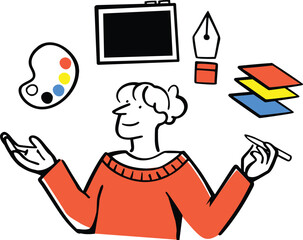 A flat style woman with a stylus, paint palette, and vector layers illustrating visual and character elements.