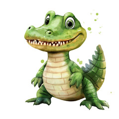 Fototapeta premium Cute Full Body Watercolor Crocodile Illustration with Soft Blended Colors and Artistic Brush Strokes on White Background, Perfect for Kids’ Decor, Nature Themes, and Creative Art Projects