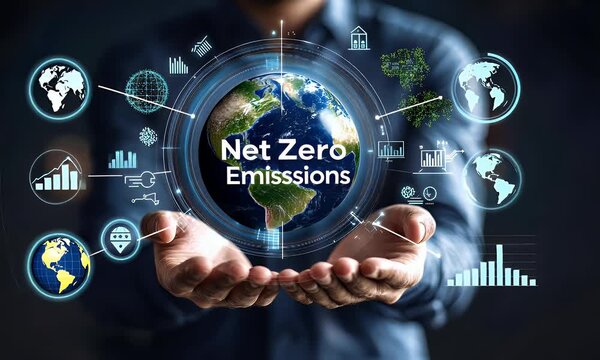 Person holds a digital globe with net zero emissions concept