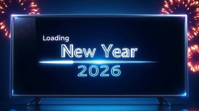 Futuristic Loading bar Screen New Year 2026 Celebration Blue Neon Tech Progress Display with Metallic Frame and Fireworks 4K video download