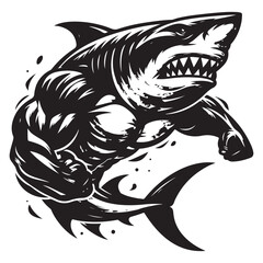 Aggressive Muscular Shark Mascot Illustration – Black and White Vector Art for Sports or Branding