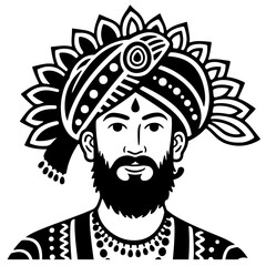 A man with a beard and elaborate turban, illustrated in a black and white style.