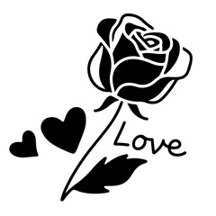 A black illustration of a rose with hearts, symbolizing love.