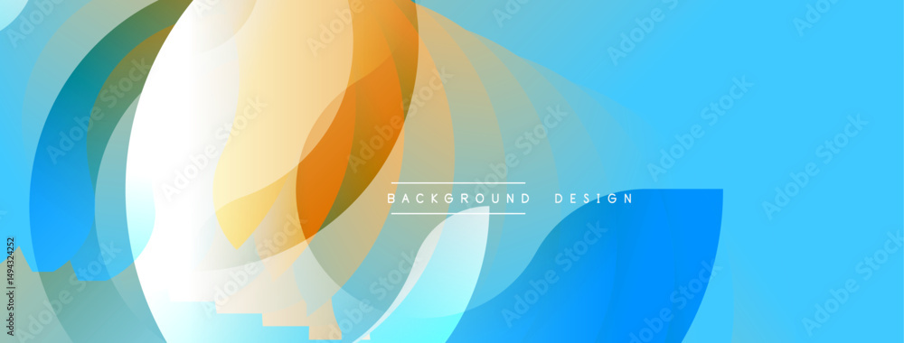 Poster abstract fluid shapes blend, creating dynamic blue, orange, white gradient. modern design suggests m
