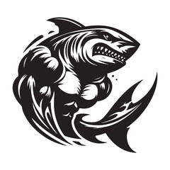 Aggressive Muscular Shark Mascot Illustration – Black and White Vector Art for Sports or Branding