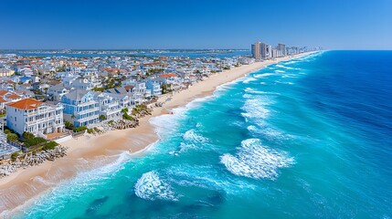 Aerial view of beachfront homes and turquoise ocean waves in a sunny coastal landscape
