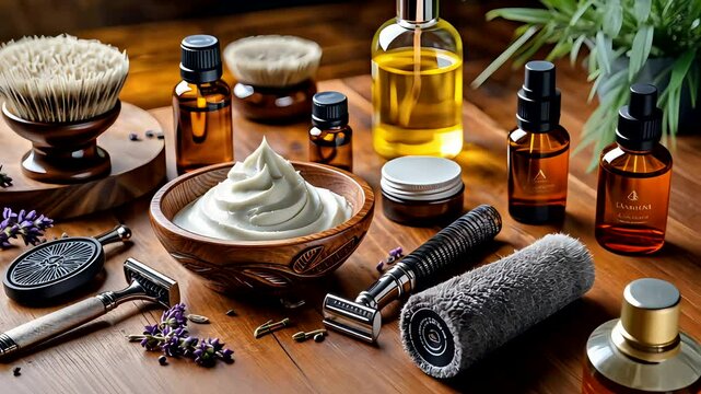 Luxury Shaving Set with Cream, Brush, Razor, Oils and Towels Arranged on Wooden Spa Counter