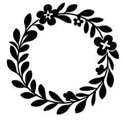 A black floral wreath illustration, featuring stylized flowers and leaves.