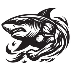 Aggressive Muscular Shark Mascot Illustration – Black and White Vector Art for Sports or Branding