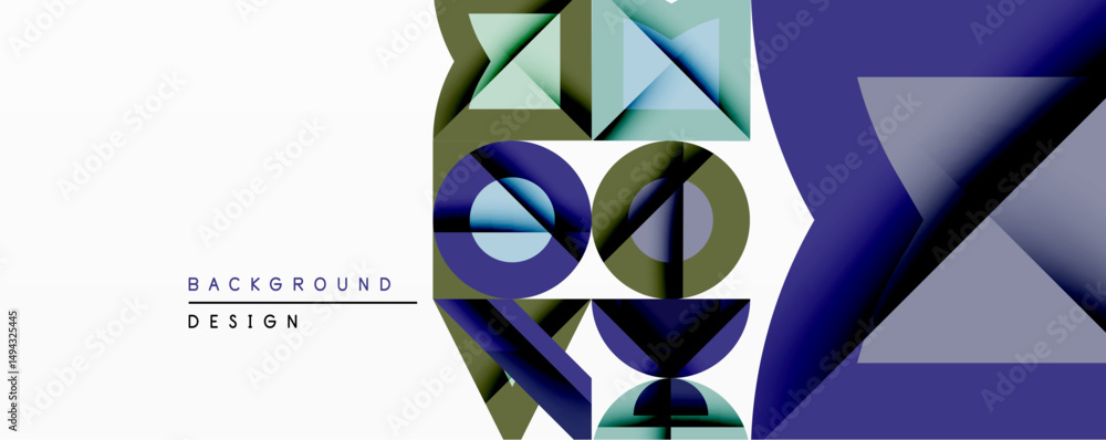 Poster abstract geometric shapes overlap, creating modern design. blue, green, gray tones dominate composit