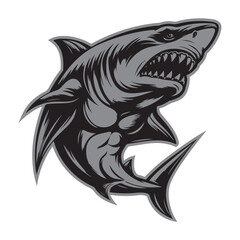 Aggressive Muscular Shark Mascot Illustration – Black and White Vector Art for Sports or Branding