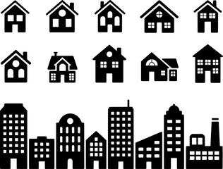 Black silhouette of urban and residential buildings in two rows on a transparent background, perfect for cityscape illustrations, architecture designs, infographics, and minimalist branding