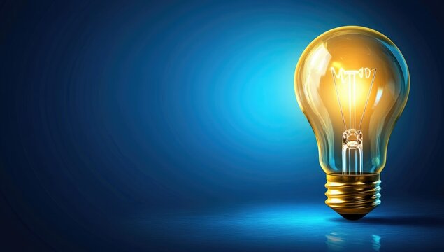 Glowing lightbulb on blue background, idea concept