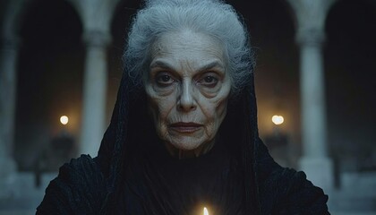 Elderly woman in dark robes holding a candle.