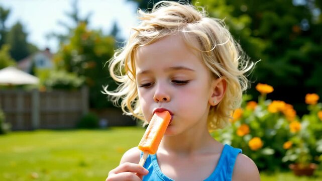 A young child with blonde hair enjoys an orange popsicle outdoors on a sunny day, surrounded by greenery and yellow flowers.