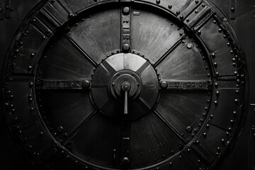 A large, circular, metallic vault door with intricate details and a central locking mechanism