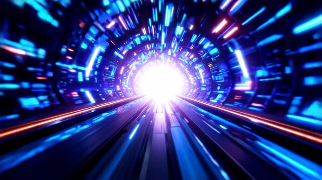 A futuristic tunnel with glowing blue and silver patterns leading to a bright light