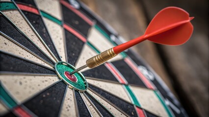 A red dart hits the bullseye on a dartboard, symbolizing precision, accuracy, and achievement in darts or goal setting.