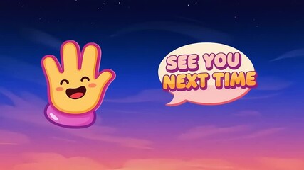 Colorful animated hand waving goodbye with cheerful text against a vibrant sunset background