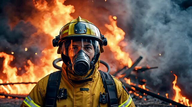 Firefighter in Full Gear Standing in Front of Burning Fire with Smoke and Flames at Night