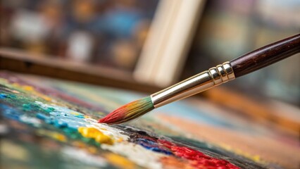 Fototapeta premium A paintbrush adds vibrant colors to a textured canvas, capturing the creative process of making art.