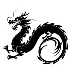 A stylized black illustration of a coiled Chinese dragon.